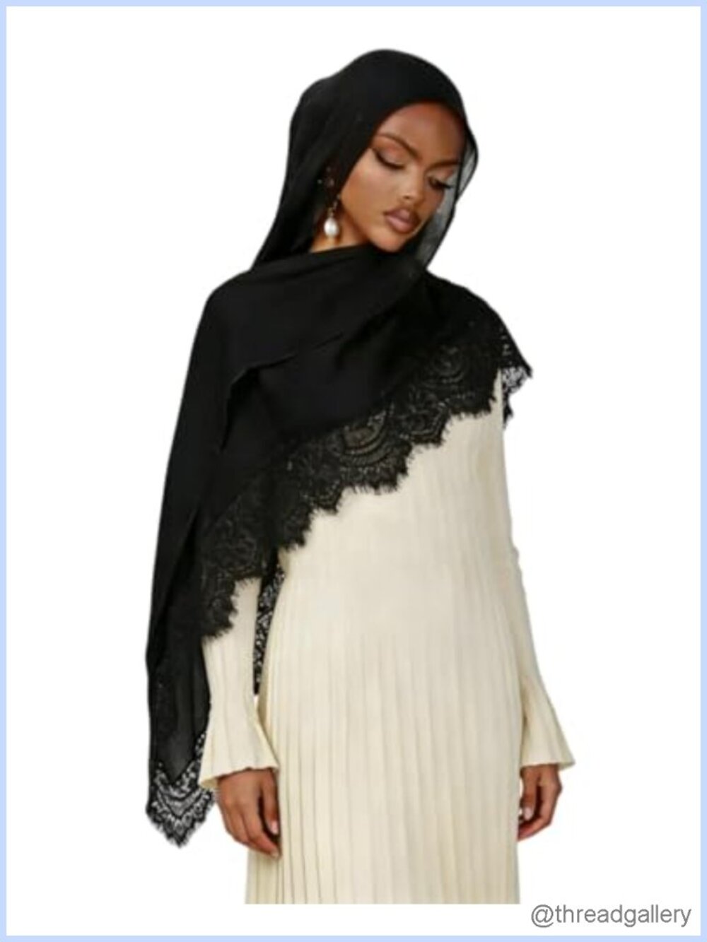 Floral Lace Trim Hijab Scarf Soft Cotton Blend Head Wrap Long Shawl